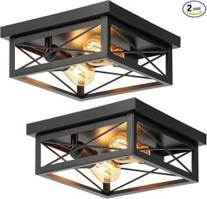 2-Light Industrial Square Flush Mount Ceiling Light, Farmhouse Ceiling Light Fixture for Kitchen
