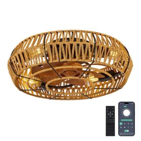 19in Caged Ceiling Fans With Lights And Remote, Boho Flush Mount Ceiling Fan With Light, Low Profile Chandelier 6 Speed Bladeless Reversible Ceil (Option: Default)