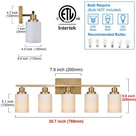 Bathroom Light Fixtures Brushed Brass 6-Light Bathroom Vanity Light, Modern Bathroom Lights Over Mirror with Milky White Glass Shade (Color: Brass, Numbers of Light: 5-light)